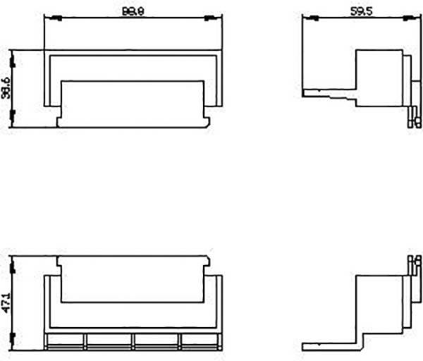 Technische tekening van een rechthoekig onderdeel met afmetingen: 88,8 mm breedte, 39,6 mm hoogte, 59,5 mm diepte. Zij- en vooraanzicht weergegeven.
