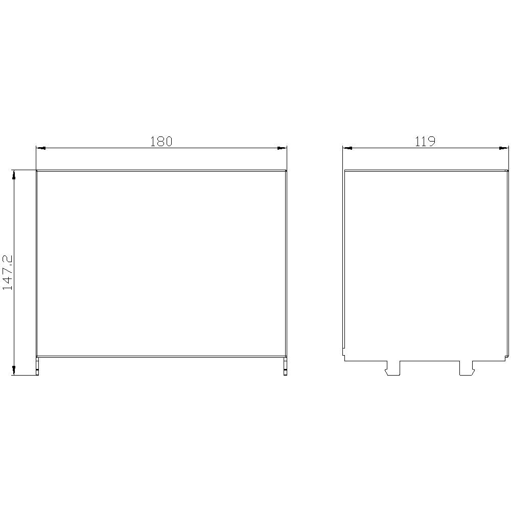 Technische tekening: Twee aanzichten van een rechthoekig object met afmetingen 180x147,2 in breedte/hoogte en 119 in diepte.