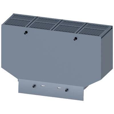 Een rechthoekige, grijze metalen behuizing met verschillende ventilatiesleuven en twee kleine bevestigingsgaten aan de voorkant.