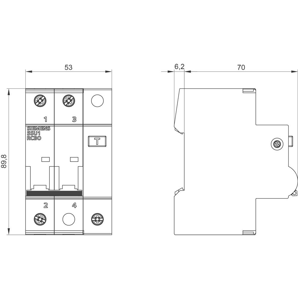 Tekening van een elektrische vermogensschakelaar met afmetingen: breedte 53 mm, hoogte 89,8 mm, diepte 70 mm. Gedetailleerde weergave van de aansluitingen.