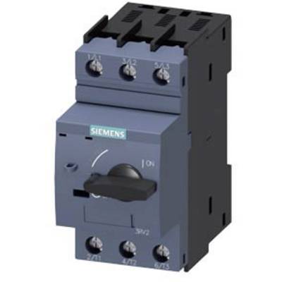 Een blauwe elektrische schakelaar van Siemens met zes aansluitklemmen. De schakelknop staat op "AAN".