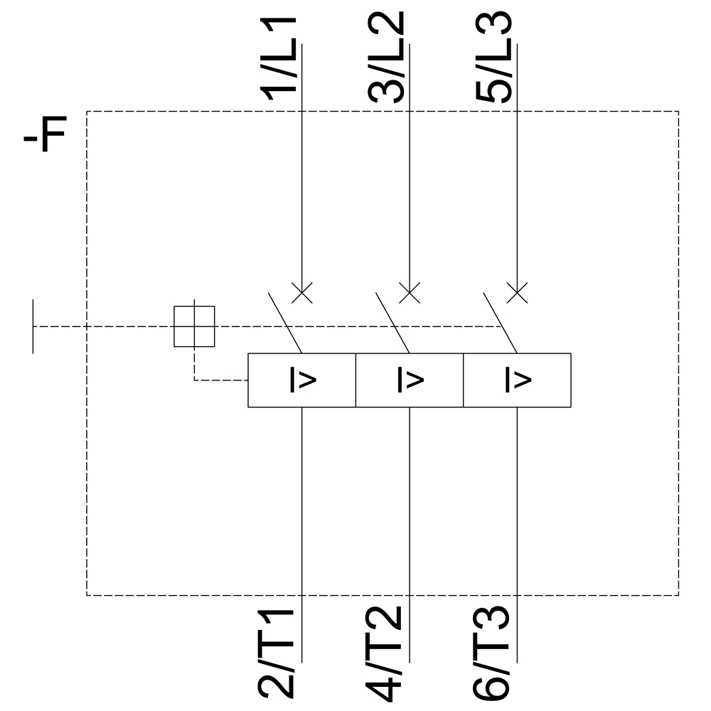 'Terminal assignment for a three-phase system: 1/L1, 2/T1, 3/L2, 4/T2, 5/L3, 6/T3. Connection illustrated via switching symbol.'
