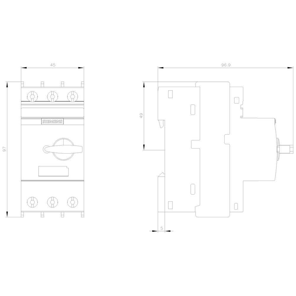 Technische tekening van een schakelaar met afmetingen: breedte 45 mm, diepte 96,9 mm, hoogte 97 mm. Gedetailleerde zijaanzicht rechts.