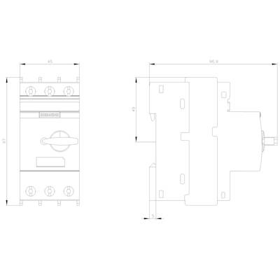 Technische tekening van een schakelaar met afmetingen: breedte 45 mm, diepte 96,9 mm, hoogte 97 mm. Gedetailleerde zijaanzicht rechts.