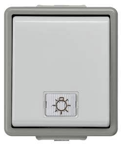 Een vierkante lichtschakelaar met een klein zonnensymbool onderaan, dat wijst op een functie voor het bedienen van buitenverlichting.