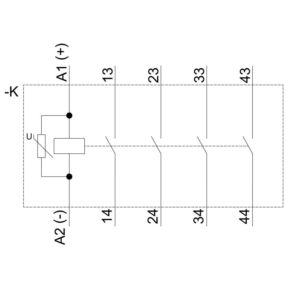 Technische tekening van een relais-schakelschema met spoelaansluitingen A1 (+), A2 (-) en contactpunten 13, 23, 33, 43.