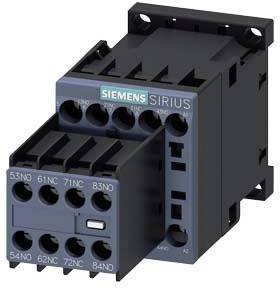 Schakelaar van Siemens, model Sirius, geschikt voor industriële toepassingen. Behuizing in zwart en blauw met meerdere aansluitklemmen.