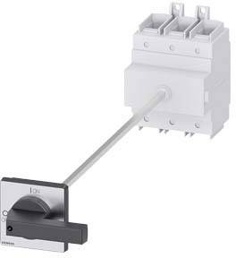 Een elektrische hoofdschakelaar met draaihandgreep, gemonteerd op een witte schaaleenheidssokkel. Schakelaar in de '0' positie.