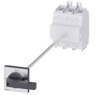 Een elektrische hoofdschakelaar met draaihandgreep, gemonteerd op een witte schaaleenheidssokkel. Schakelaar in de '0' positie.