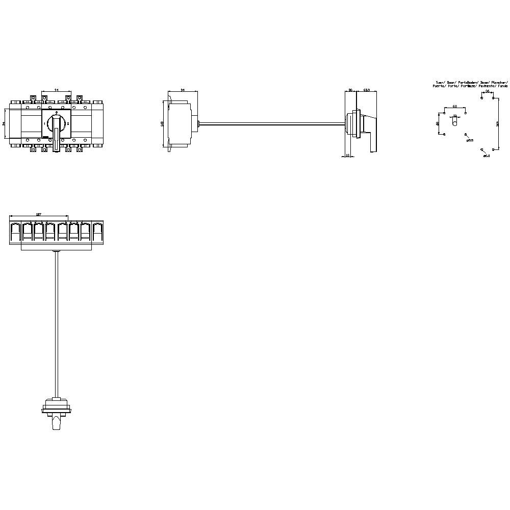 Technische tekening van een 90° Plauscheso actuator met meerdere aanzichten: zijaanzicht, vooraanzicht, bovenaanzicht en details van de afmetingen.