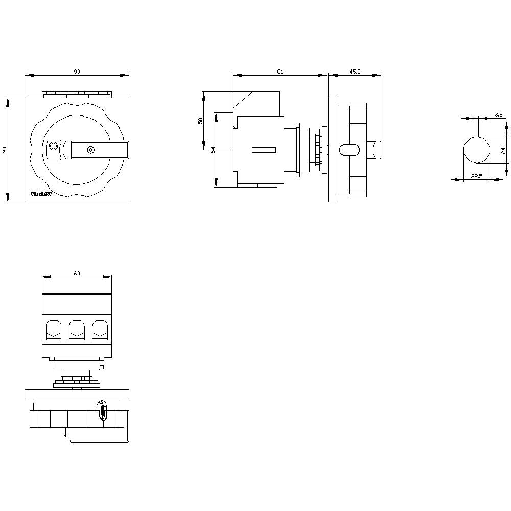 Technische tekening van een schakelaar met vooraanzicht, zijaanzicht en bovenaanzicht, afmetingen in mm weergegeven. Schakelaargrootte 96 x 98 mm.