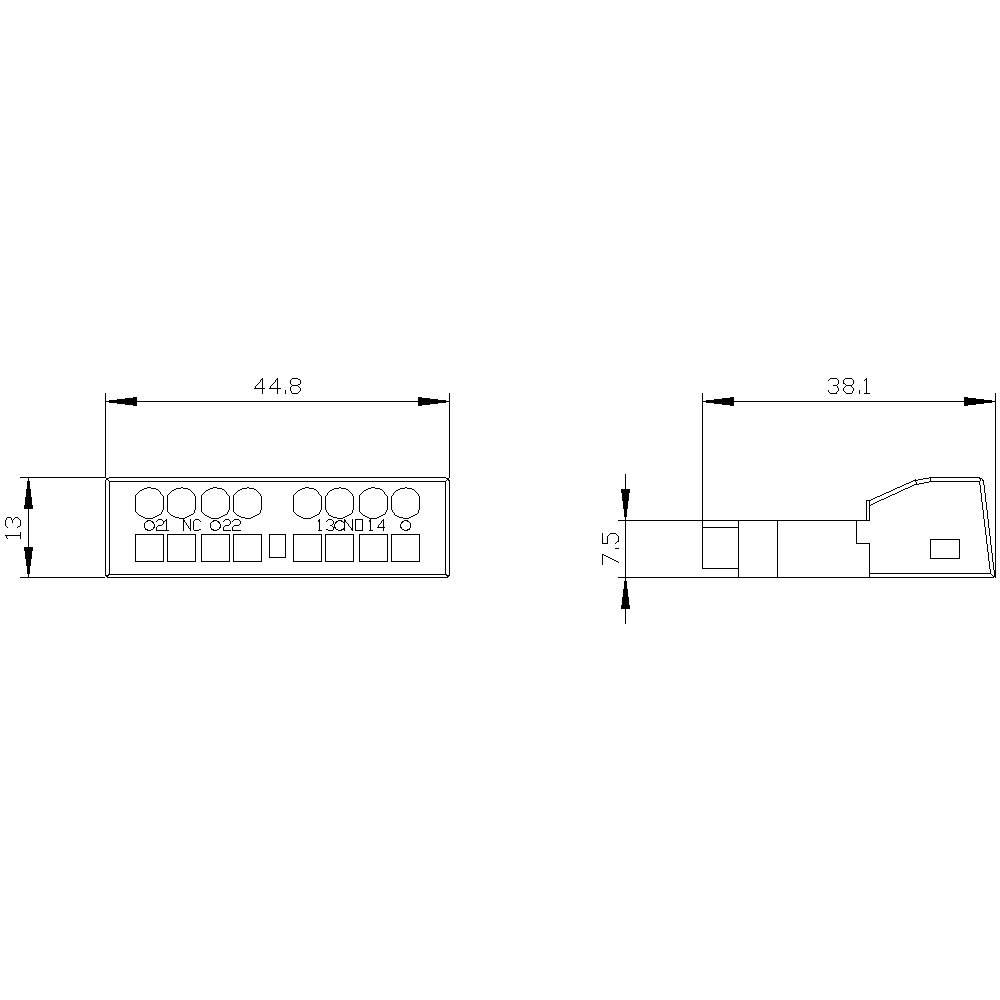 Diagram van een elektrische stekkerverbinding. Toont voor- en zijaanzicht met afmetingen: 44,8 x 13 mm vooraan, 38,1 x 7,5 mm aan de zijkant.