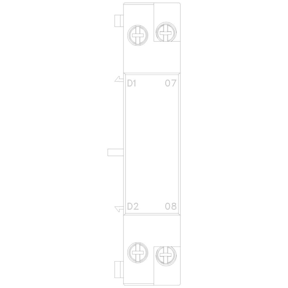 In het midden zitten twee grote schroeven. Boven staat 'D1' en '07', onder 'D2' en '08'. Links steekt een kleine horizontale pen naar buiten.