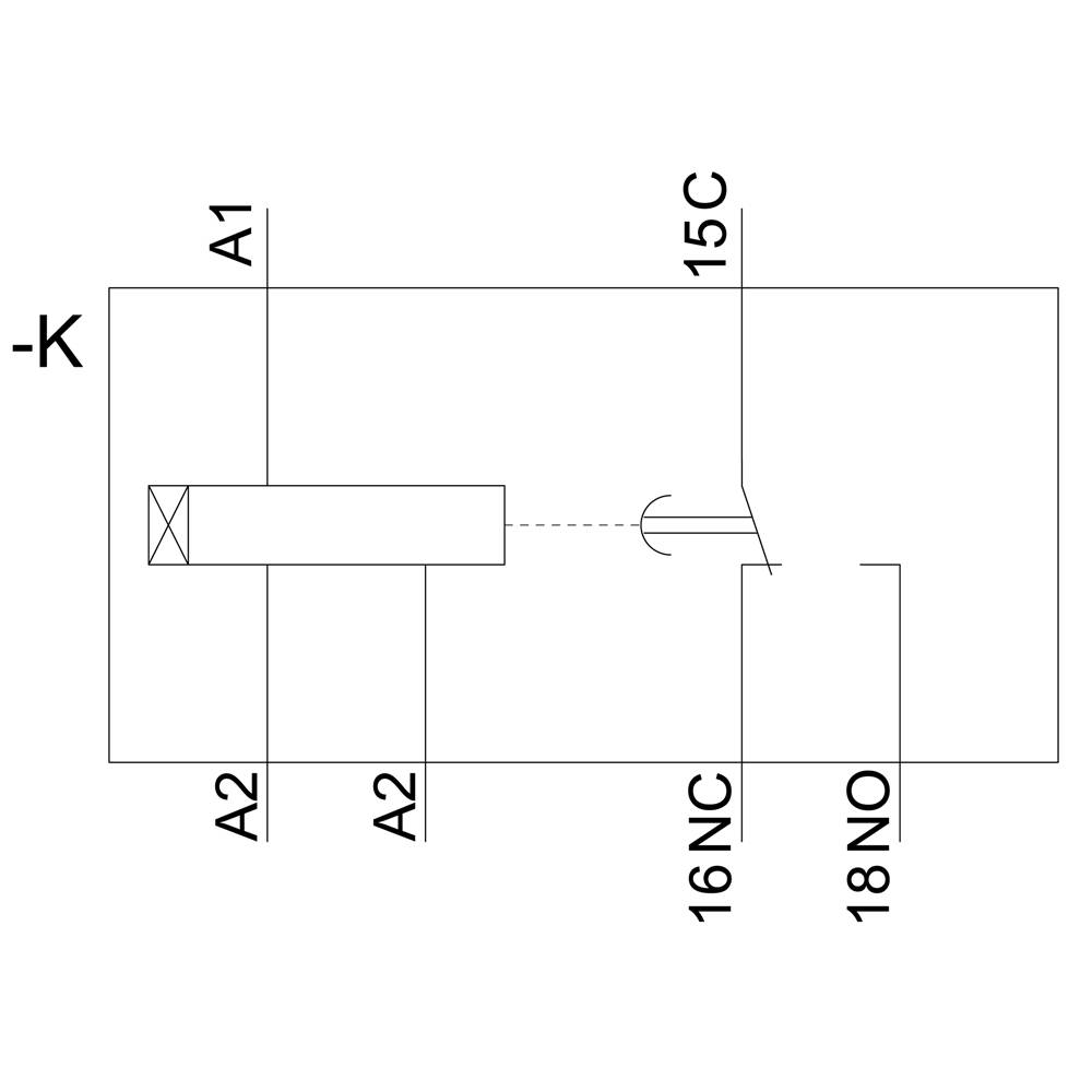 Diagram van een elektrische relaisschakelaar met labels: 'A1', 'A2', '15C', '16NC', '18NO'. Toont schakelaarconfiguraties.