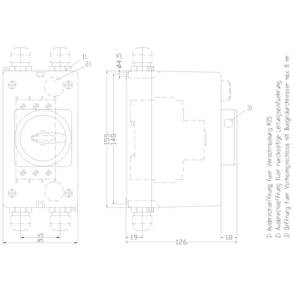 Technische tekening van een apparaat met afmetingen. Bijschriften: '1) Afdekdop', '2) Levering voor vacuumslot met beugelbediening, 8 x 18 mm', Maten zijn in mm weergegeven.