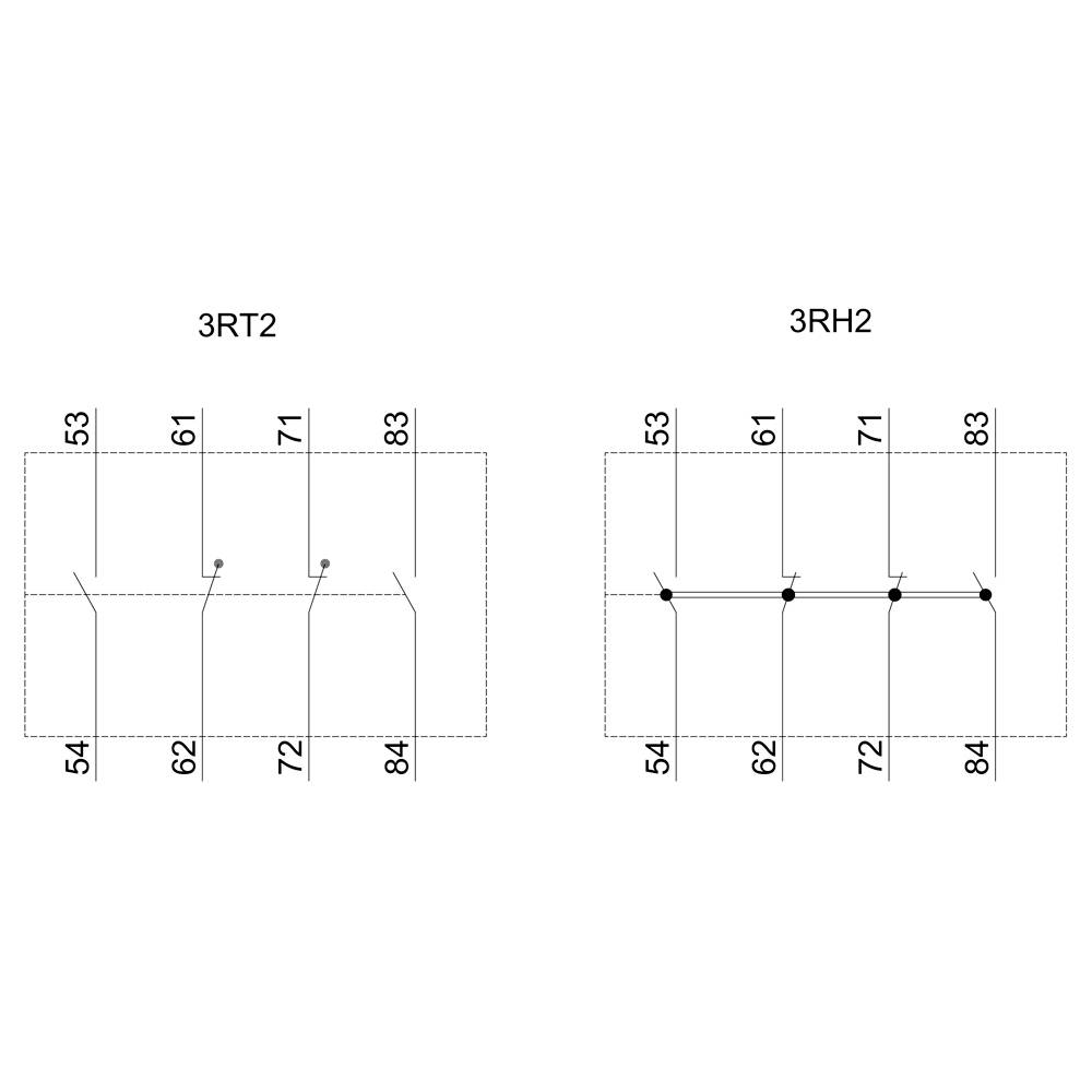 Diagram toont twee schakelingschema's: '3RT2' en '3RH2'. Beide bevatten genummerde aansluitingen en lijnen die verbindingen weergeven.
