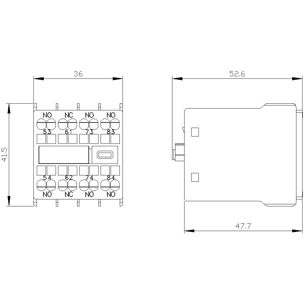 Afbeelding van een technische tekening van een relais met voor- en zijaanzicht. Afmetingen: breedte 36 mm, hoogte 41,5 mm, diepte 52,6 mm.