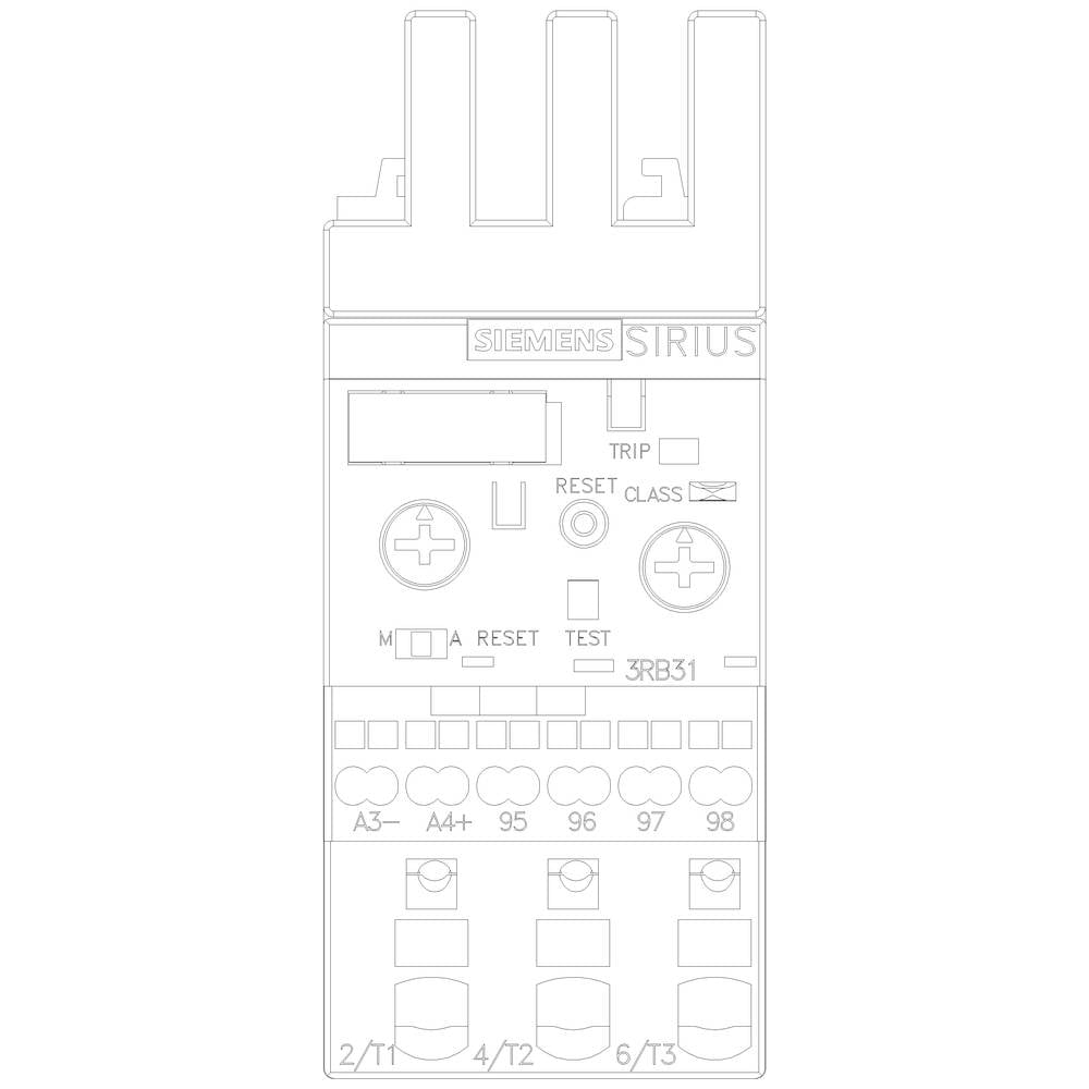 'Siemens SIRIUS'-motorstarter met test- en resettoetsen, LED-indicatoren en klemmenmarkering onderaan, Model 3RB31.
