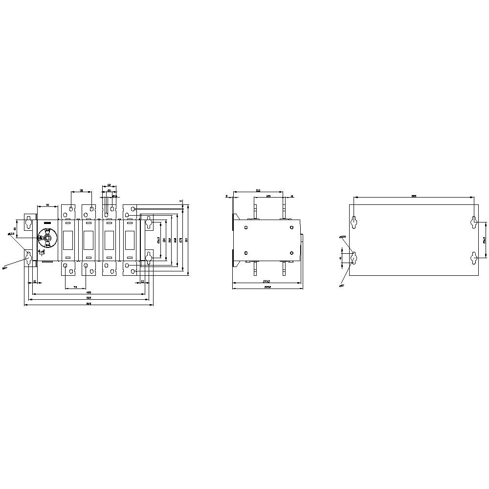 Technische tekening toont de voor-, zij- en bovenaanzicht van een machine met gedetailleerde afmetingen. Verbindingen en aansluitingen zijn gemarkeerd.