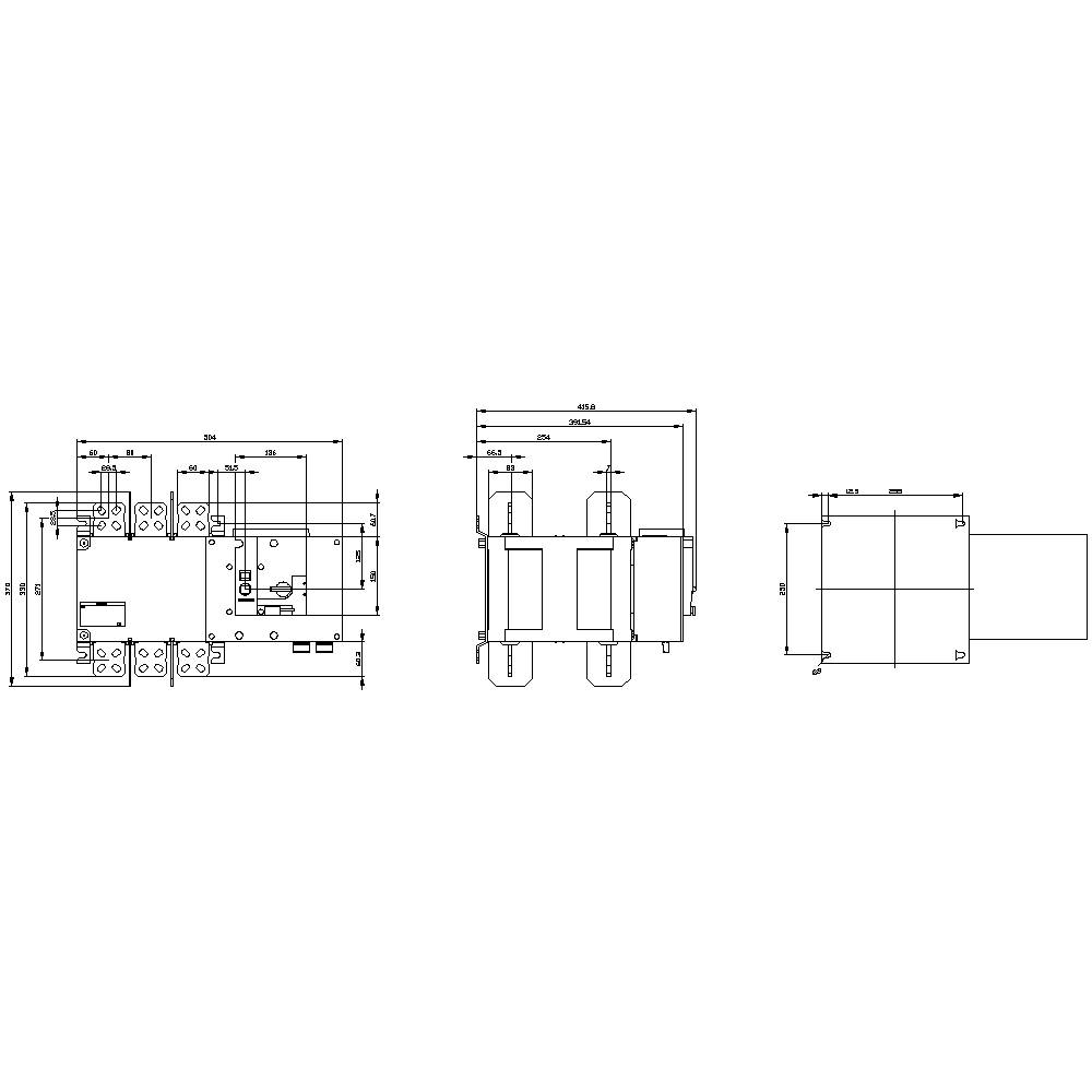 Technische tekening van een mechanisch onderdeel in drie aanzichten: vooraanzicht, zijaanzicht en bovenaanzicht met maatvoering.