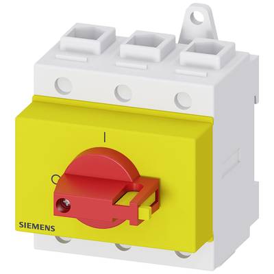 Een gele hoofdschakelaar van het merk Siemens met een rode draaigreep.