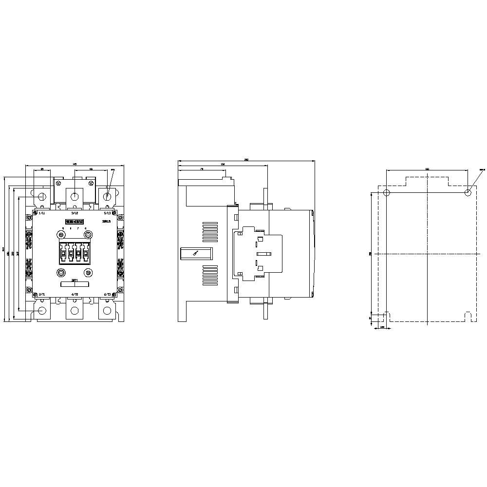 Technische tekening van een elektrisch schakeltoestel met voor-, zij- en bovenaanzicht. Toont aansluitingen, afmetingen en vorm.