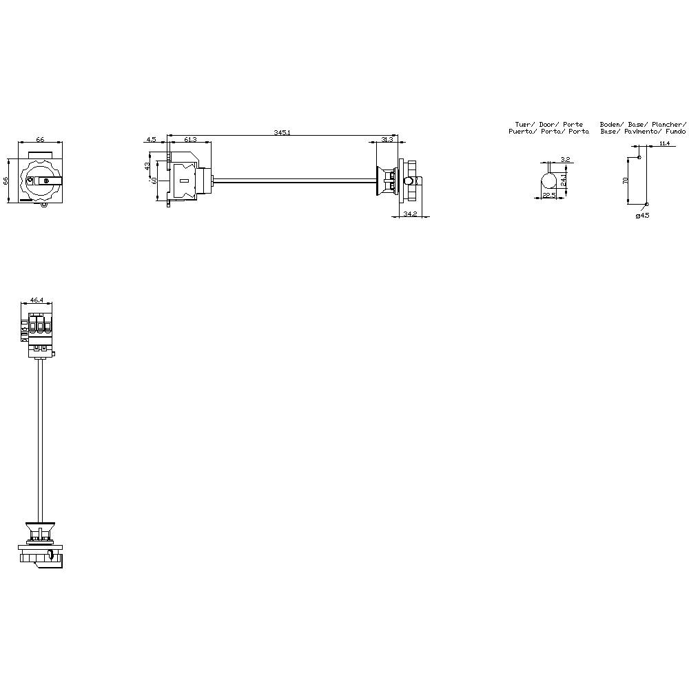 Technische tekening van een mechanisch onderdeel met afmetingen. Bevat aanzichten van voor-, zij- en achteraanzicht van het onderdeel.