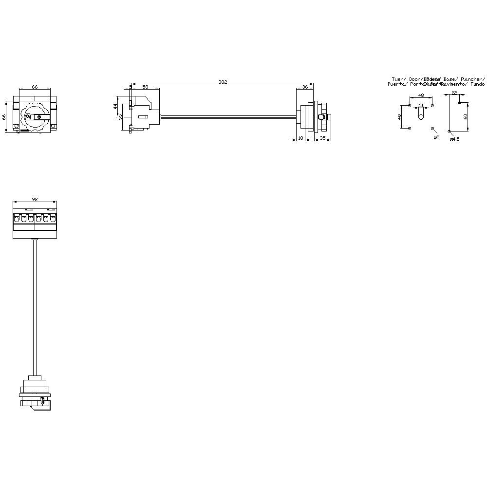 Technische tekening van een elektrische connector met afmetingen en labels, toont verschillende aanzichten en maateenheden.