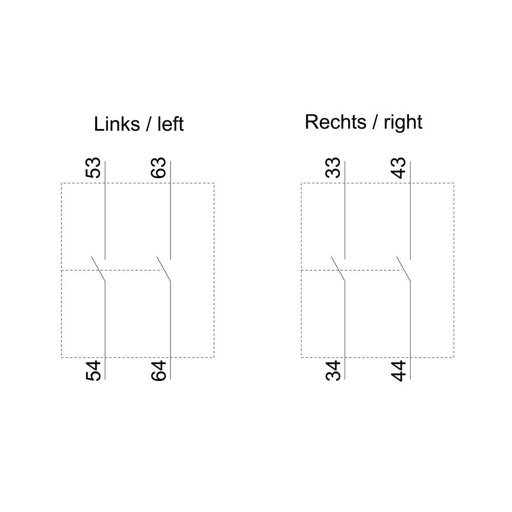 'Links' toont maten 53, 63 boven en 54, 64 beneden. 'Rechts' toont maten 33, 43 boven en 34, 44 beneden. Beide zijden zijn schematisch weergegeven.