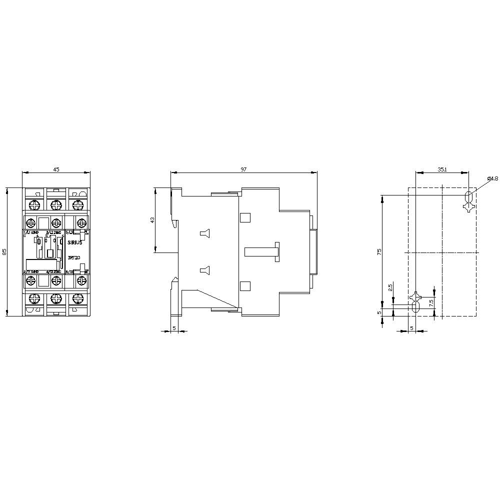 Technische tekening van een elektrisch relais met afmetingen en aansluitingen, weergegeven van boven, zijkant en voorkant.