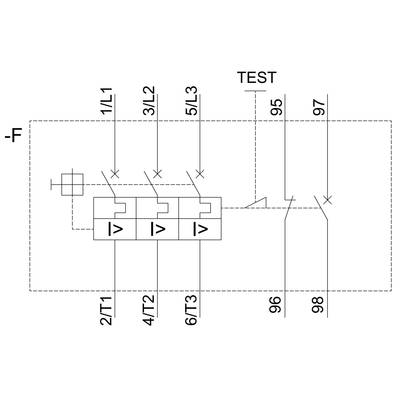 'Schakelschema met zes contacten (1/1L, 3/L2, 5/L3, 2/T1, 4/T2, 6/T3), TEST-schakelaar en verbindingen naar punten 95, 96, 97, 98.'