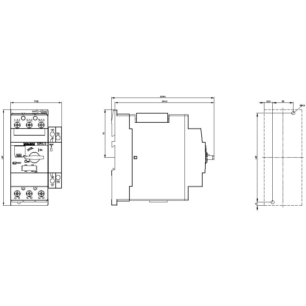Technische tekening van een elektrisch apparaat met gedetailleerde afmetingen. Vooraanzicht, zijaanzicht en bovenaanzicht zijn weergegeven.
