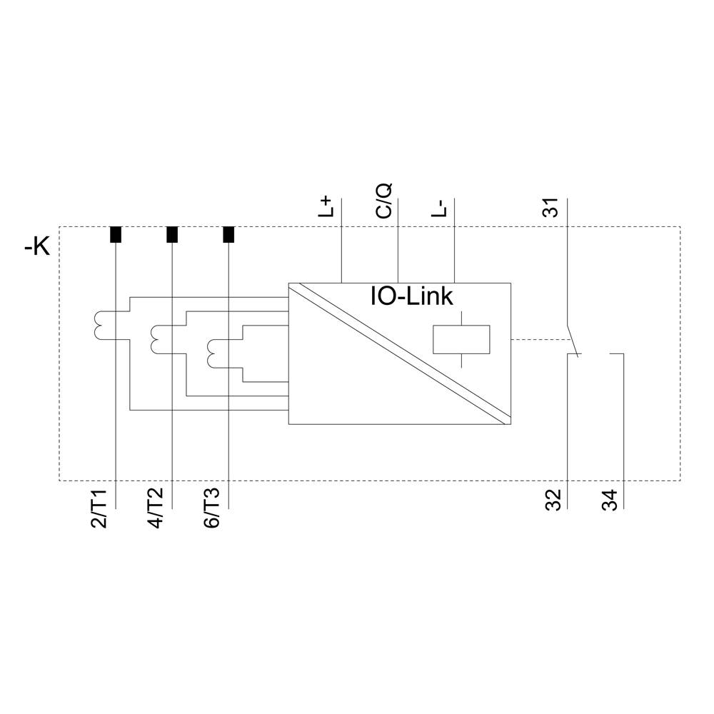 Bedradingsschema toont een IO-Link-module met aansluitingen en poorten, inclusief 2T1, 4T2, 6T3 en C/Q. Verbindingen zijn gemarkeerd.