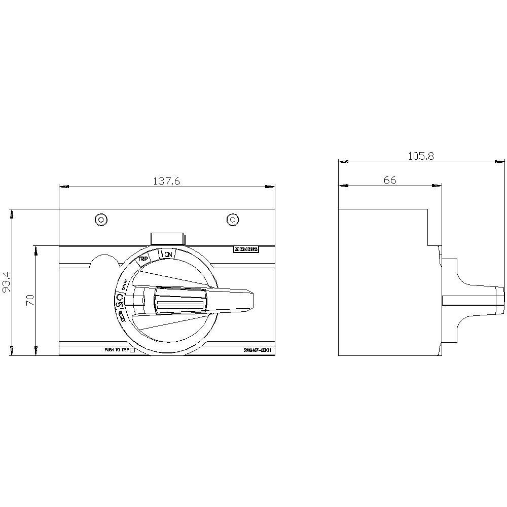 Technische tekening van een schakelaar met afmetingen: breedte 137,6 mm, hoogte 70 mm, diepte 105,8 mm. Vooraanzicht en zijaanzicht.