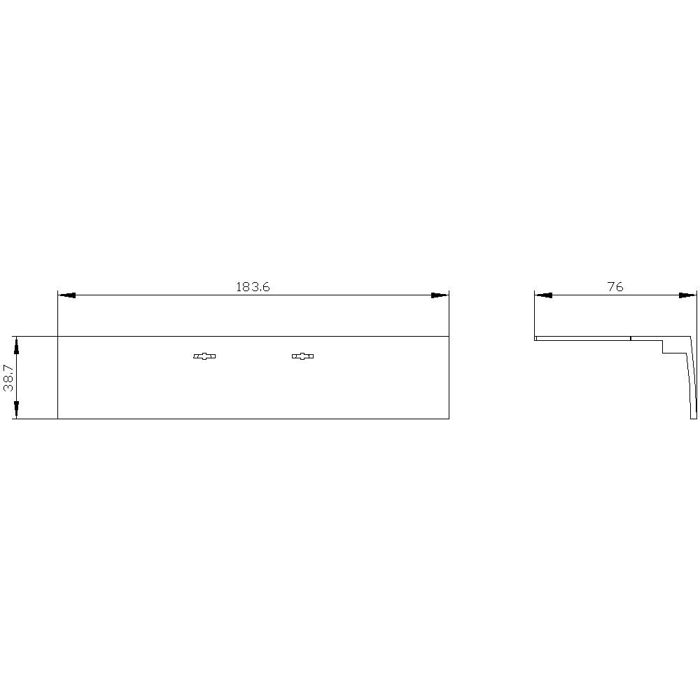 Technische tekening van een rechthoekig object met afmetingen: 183,6 breed, 76 diep en 38,7 hoog.