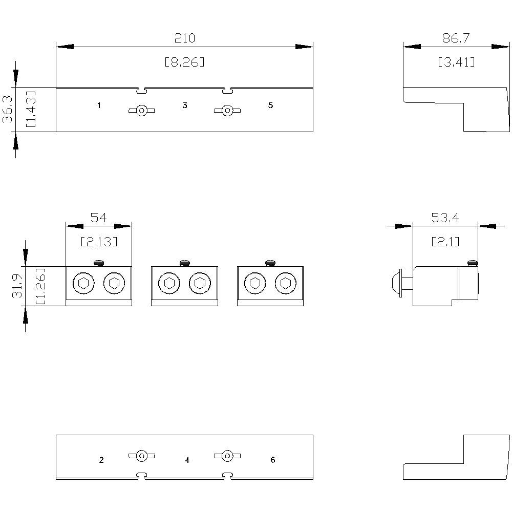 Technische tekening van metalen onderdelen met maatvoering. Boven: Vijf geboorde gaten op één lijn met tussenafstanden. Rechts: Zijaanzicht met aansluiting. Links: Onderaanzicht.