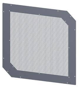 Grijs, rechthoekig metalen rooster met afgeschuinde hoeken, vermoedelijk gebruikt als beschermings- of ventilatierooster.