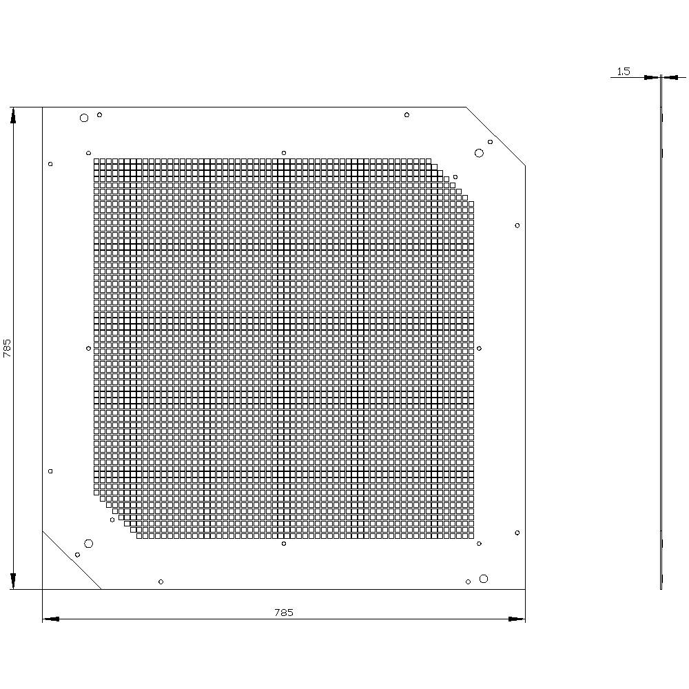 Technische tekening van een vierkant rooster met afgeronde hoeken. Afmetingen zijn 785 mm x 785 mm en 15 mm diepte.
