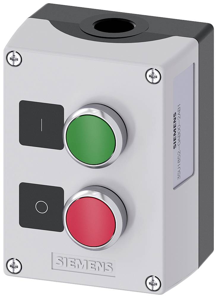 Een rechthoekige behuizing met een groene startknop en een rode stopknop, montagebevestigingsmogelijkheden bovenaan; van Siemens.
