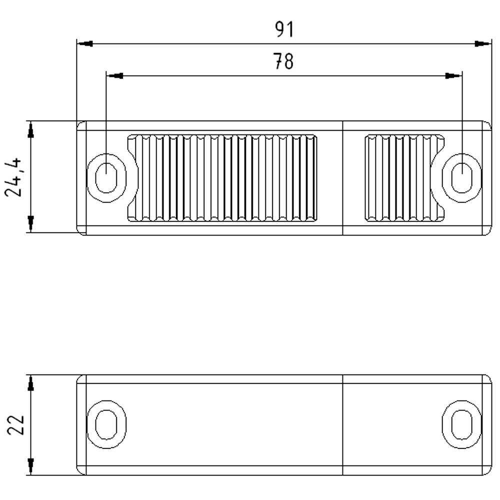 Technische tekening van een rechthoekig metalen onderdeel met afgeronde hoeken, 91 mm x 24,4 mm, met twee schroefgaten en een geribde zone.