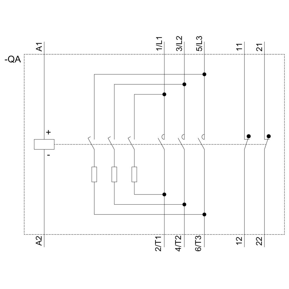 Bedradingsschema van een elektrische schakeling met aansluitingen en verbindingen, toont de bedrading van A1/A2 naar 11/21 en andere punten.