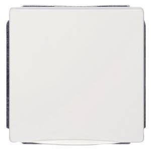 Een witte, vierkante lichtschakelaar met afgeronde hoeken op een grijze achtergrond.