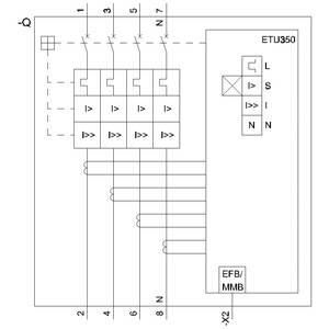 Schakelschema van een elektrisch beschermingsapparaat met ETU350-module. Toont bedrading en zekeringplaats. Belangrijke componenten zijn gemarkeerd.
