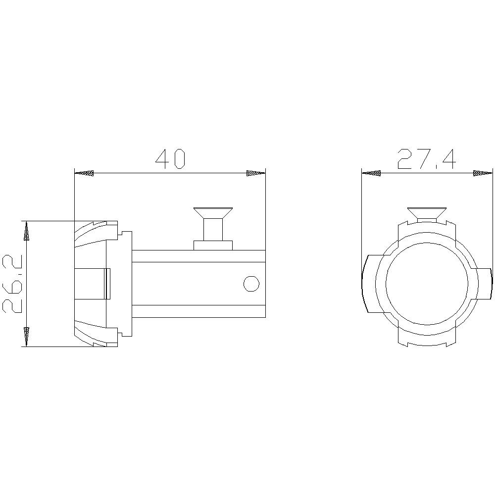 Technische tekening van een machineonderdeel, twee aanzichten. Afmetingen: 40 mm lengte, 26,2 mm hoogte, 27,4 mm breedte.
