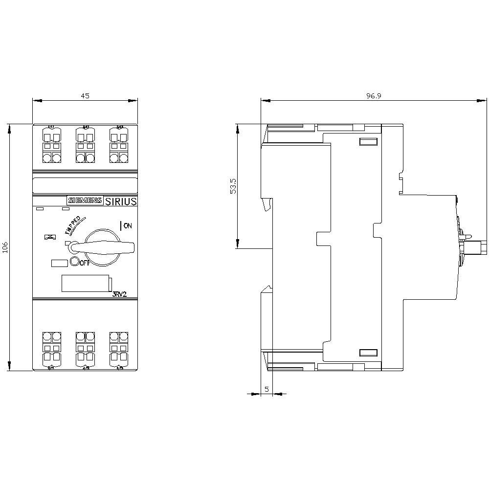 Technische tekening van een Siemens SIRIUS schakelaar met afmetingen: breedte 45 mm, diepte 96,9 mm, hoogte 106 mm. Zij- en vooraanzicht.