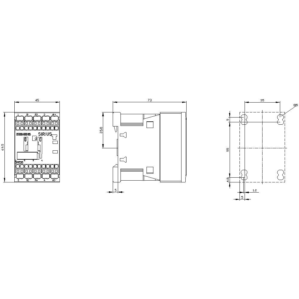 Technische tekening van een relais met voor-, zij- en bovenaanzicht. Afmetingen weergegeven in millimeters, aansluitingen en bevestigingspunten gemarkeerd.