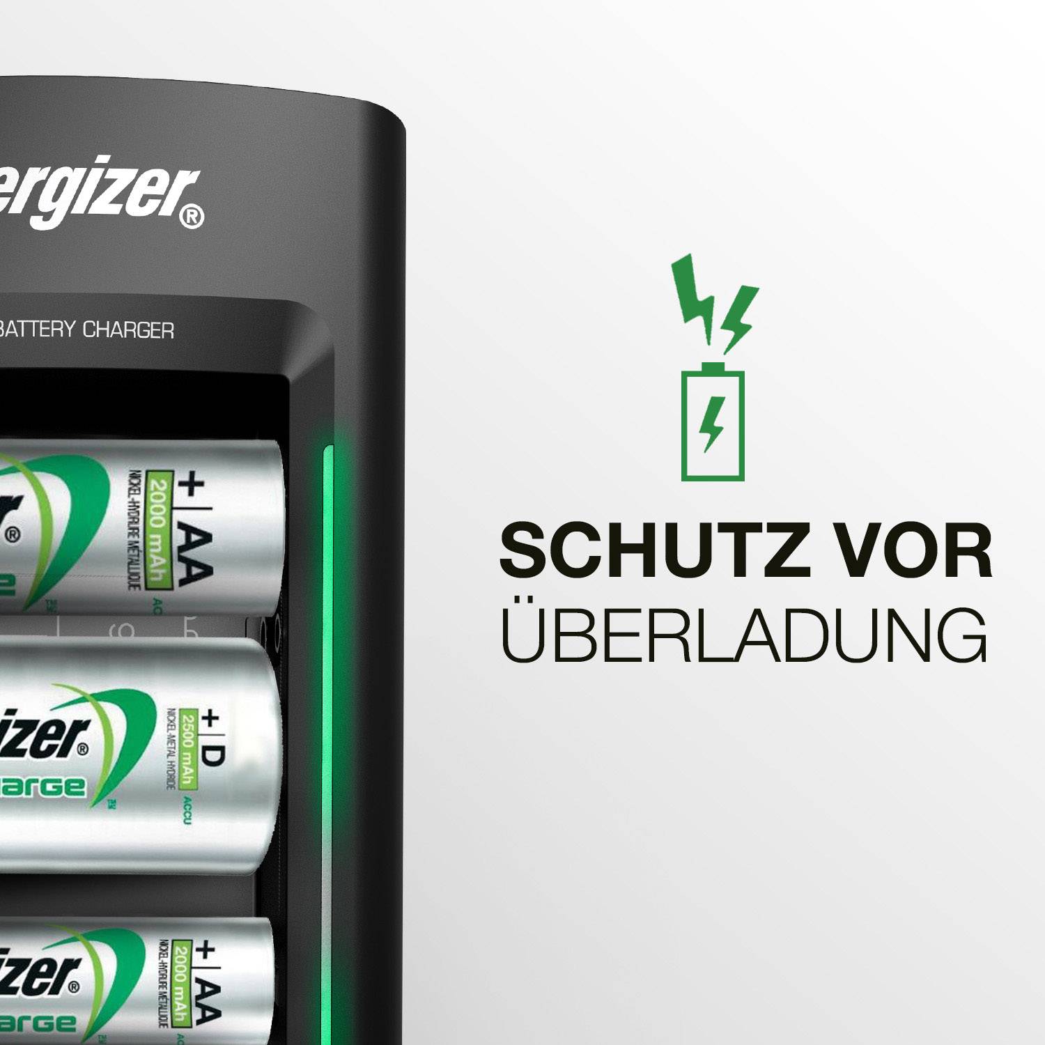 Een oplader laadt Energizer-batterijen op. Naast de tekst 'BESCHERMING TEGEN OVERLADEN' en een oplaadsymbool.