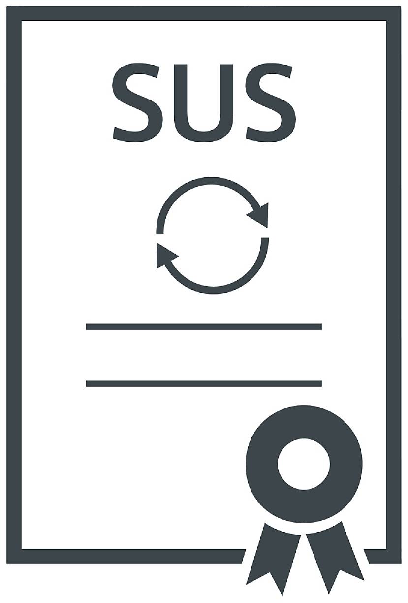 Certificaat met de tekst 'SUS', een recyclingsymbool en een zegel onderaan rechts.