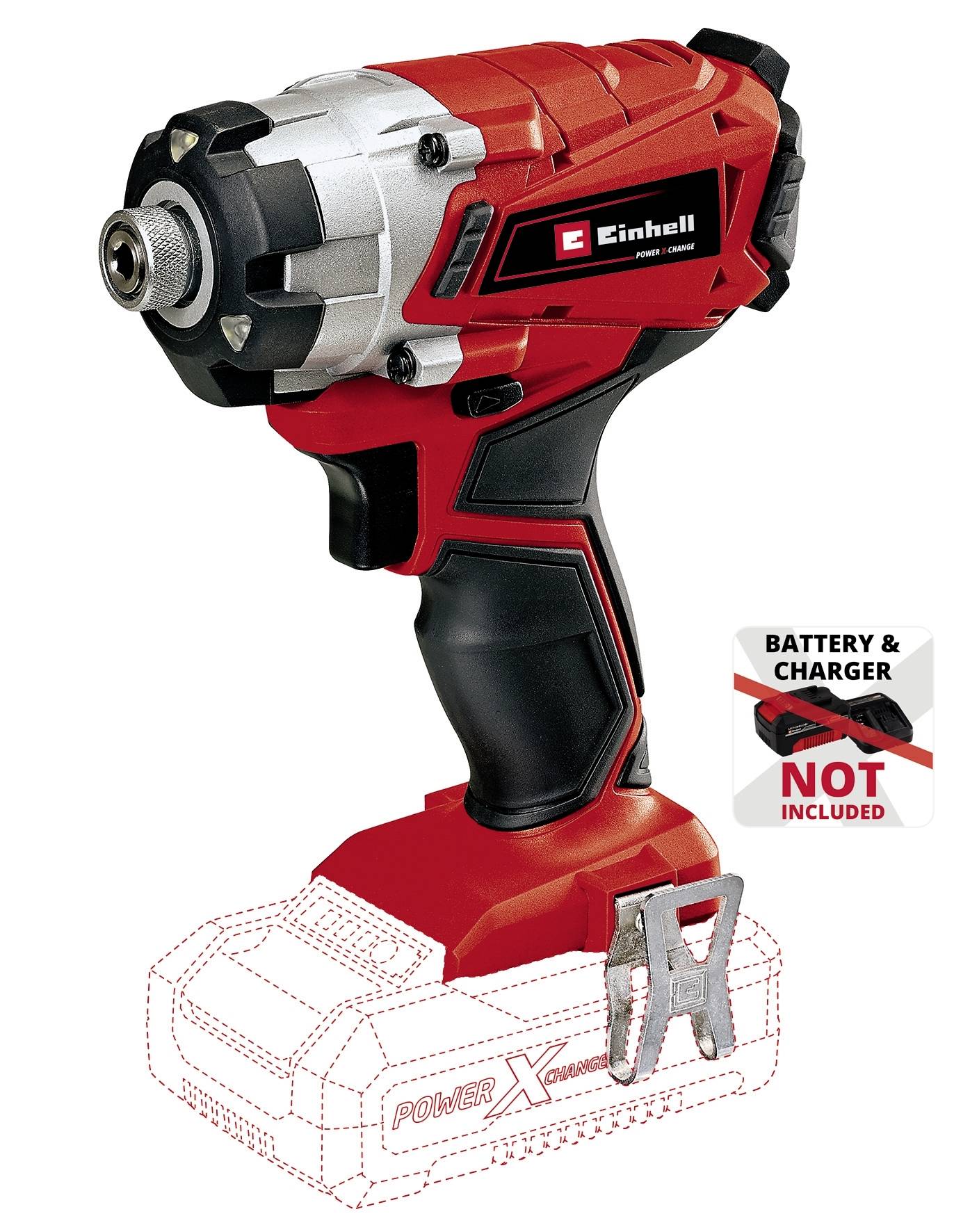 Accu-slagschroevendraaier in Rood en Zwart van Einhell. Opschrift 'Accu en Oplader Niet Inbegrepen'. Afgebeeld zonder accu.