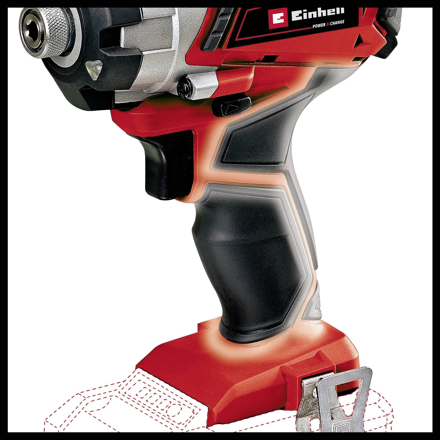 Een rode accuschroefmachine zonder accu en opzetstuk. De handgreep is ergonomisch gevormd, en de behuizing toont verschillende functieknoppen.
